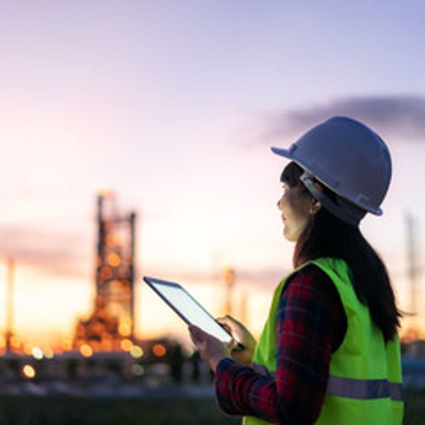 Female engineer using tablet at industrial site during sunset.