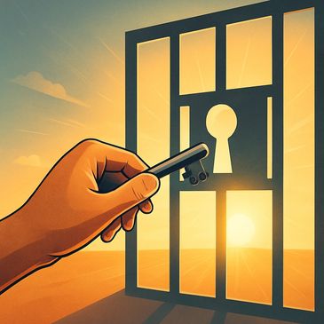 Hand holding a key approaching a large keyhole with sunlight shining through.