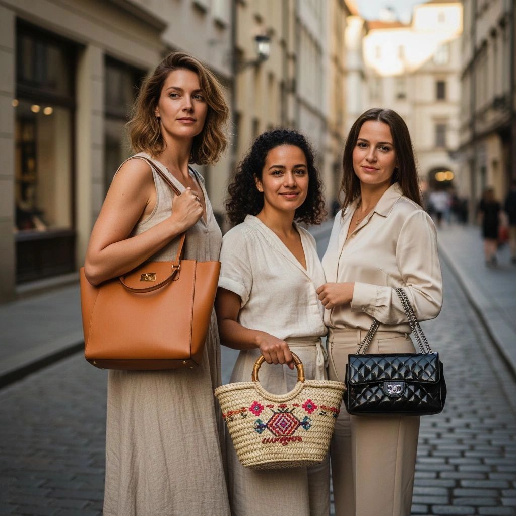 Three stylish women posing with handbags on a city street.