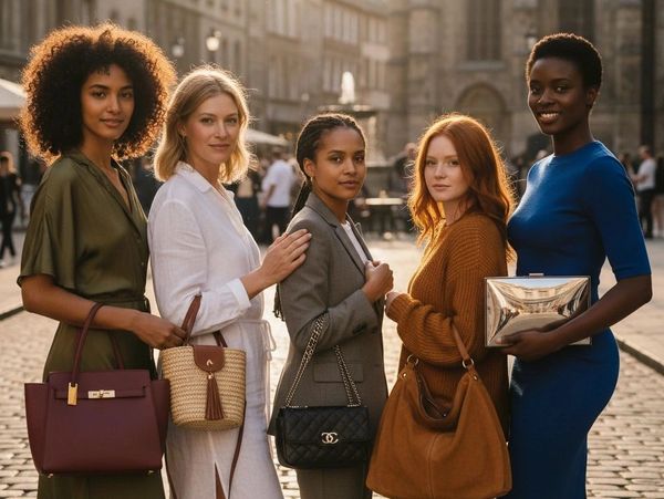 Five stylish women posing together on a city street with handbags.