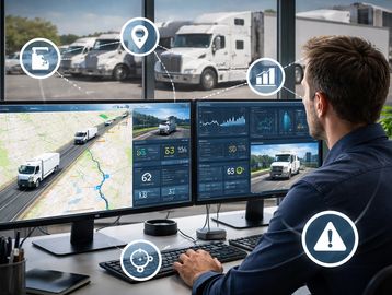 Man monitoring fleet trucks using multiple screens with data analytics and maps.