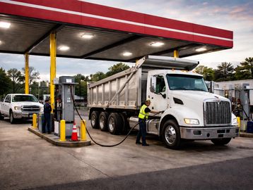 A worker refuels a white dump truck at a gas station.