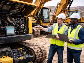 Two engineers inspect heavy machinery engine with laptops at a construction site.