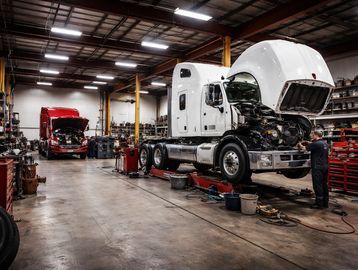 A mechanic works on a white semi-truck inside a large garage.