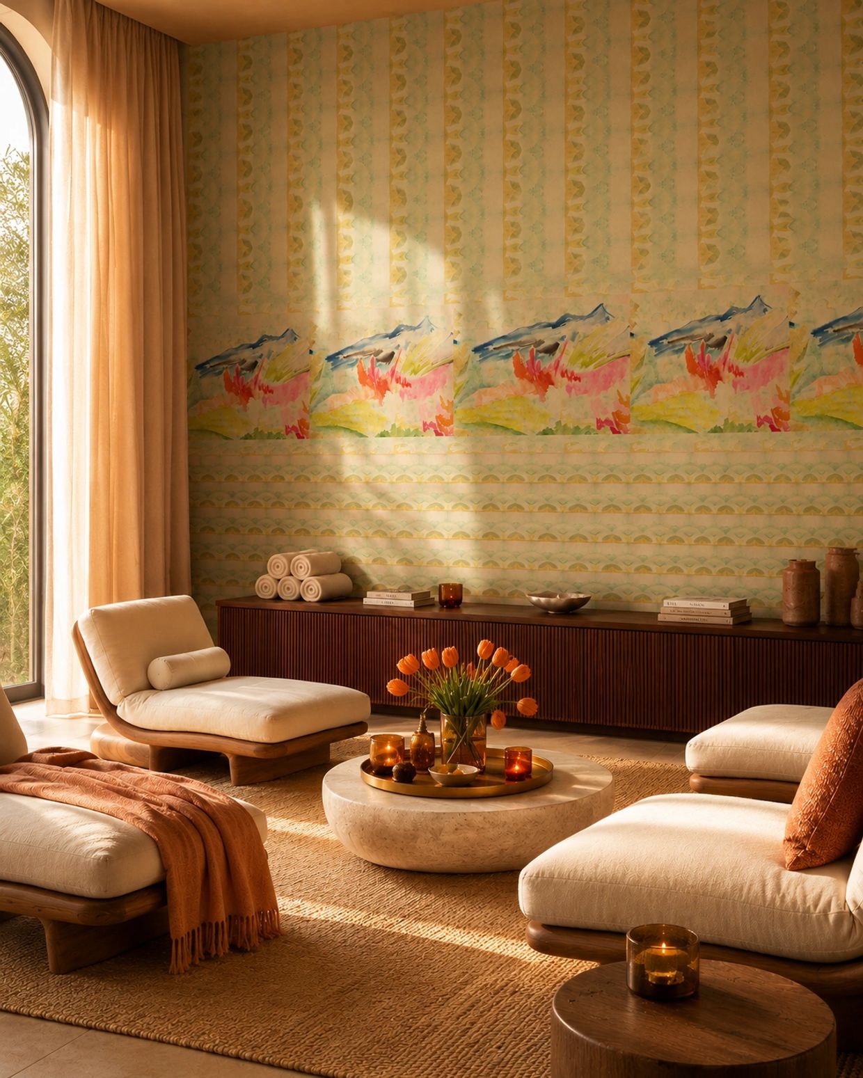 Sala acogedora con tonos tierra y decoración elegante.