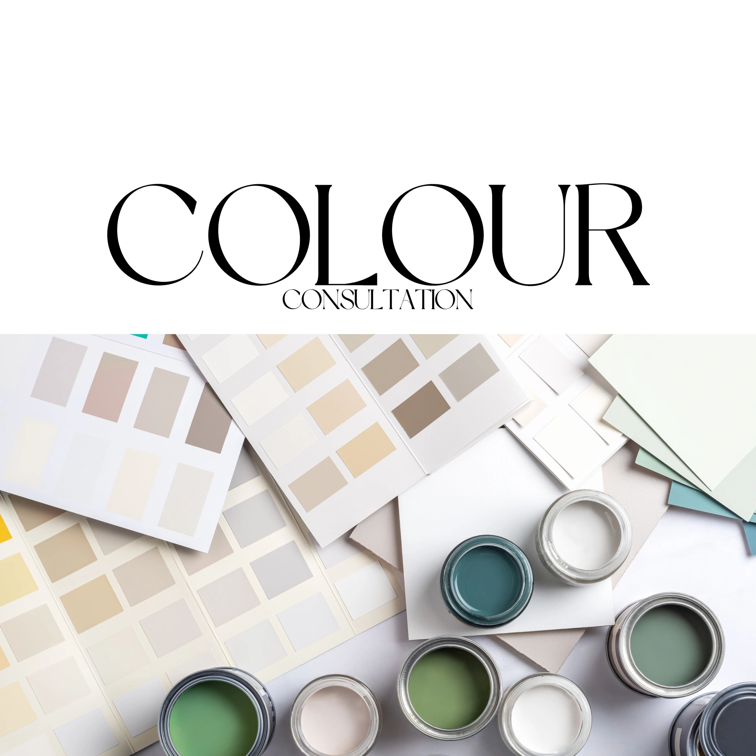Paint color samples and open paint cans under the text "Colour Consultation".