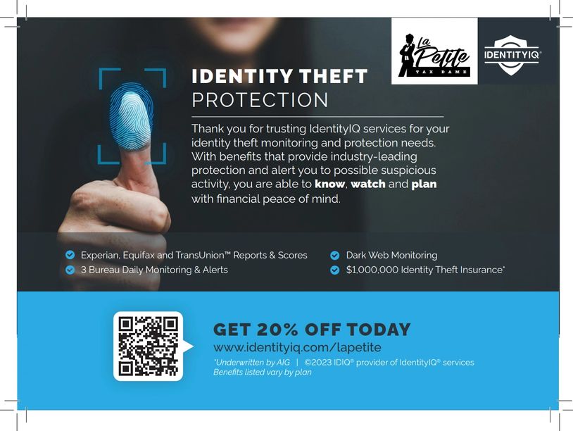 Identity theft protection description with QR code and 20% off.