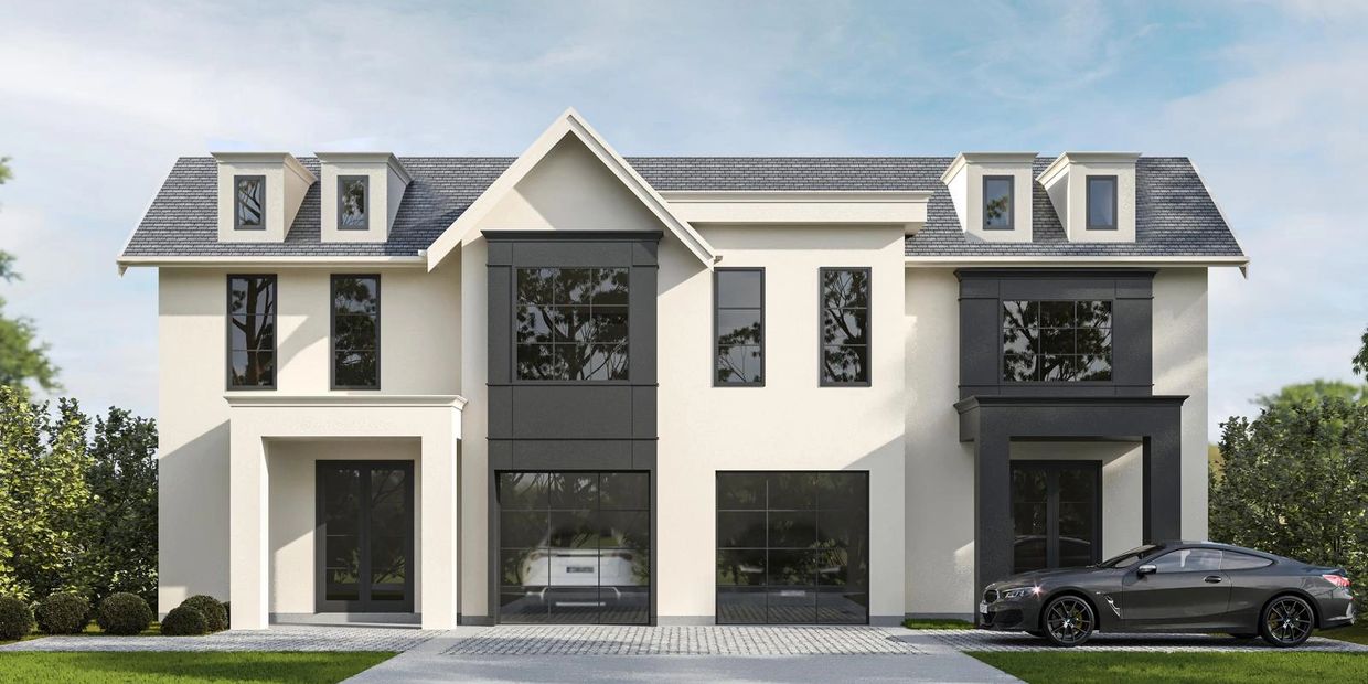 Modern two-story house with black and white exterior and a luxury car parked outside.