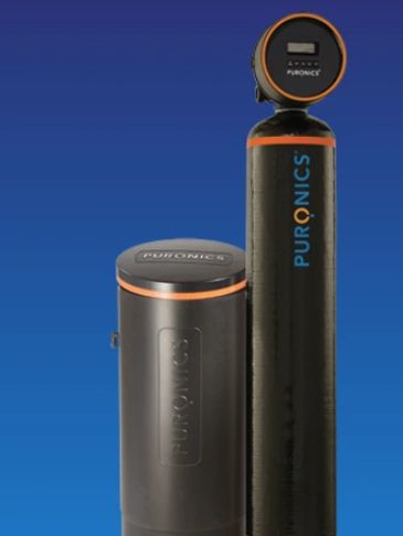 Modern black Puronics water filtration system with orange accents.