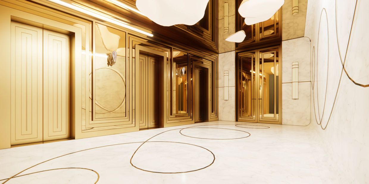 Luxurious gold and white elevator lobby with reflective surfaces and modern lighting.