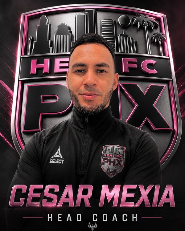 Cesar Mexia, head coach of Heat FC PHX, posing confidently in team attire.