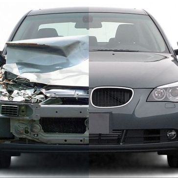 A split image showing a car with front-end damage on one side and fully repaired on the other.