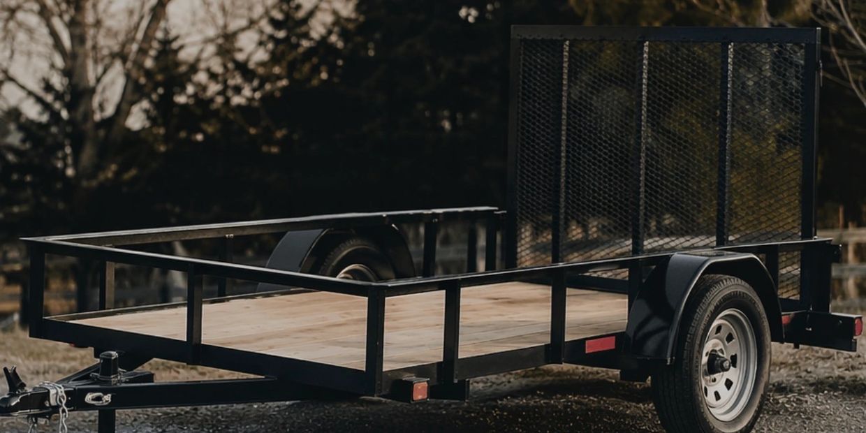 A black metal trailer with wooden flooring and mesh ramp, parked outdoors.