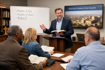 A man teaching a group about the historical context of the Gospels.