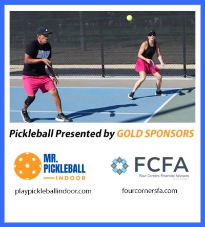 Image of man and woman playing pickleball. Text promotes gold sponsors Mr Pickleball Indoor and FCFA