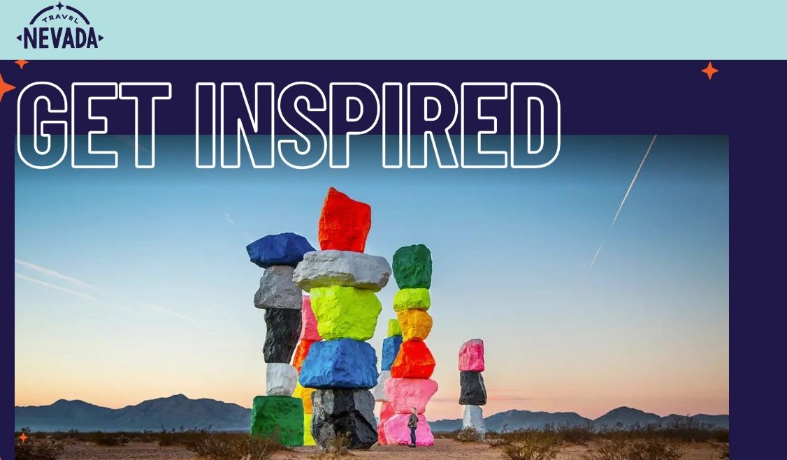 Screenshot of Travel Nevada home page showing Magic Mountains sculptures. Credit: TravelNevada.com