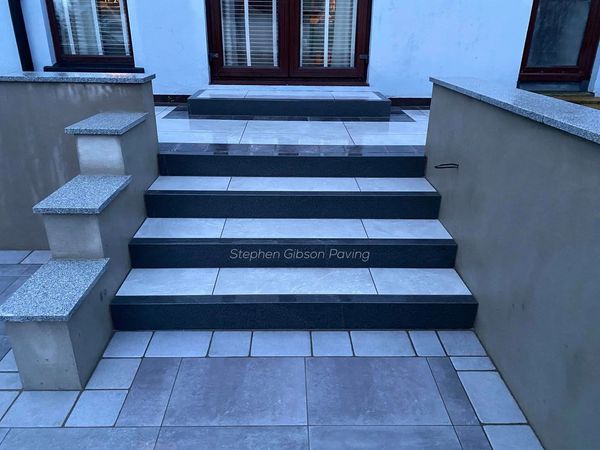 Oyster Italian Porcelain Tile with Blue/Grey Granite Edging
