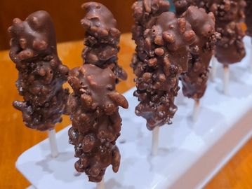 Chocolate-covered treats on sticks with crispy bits.
