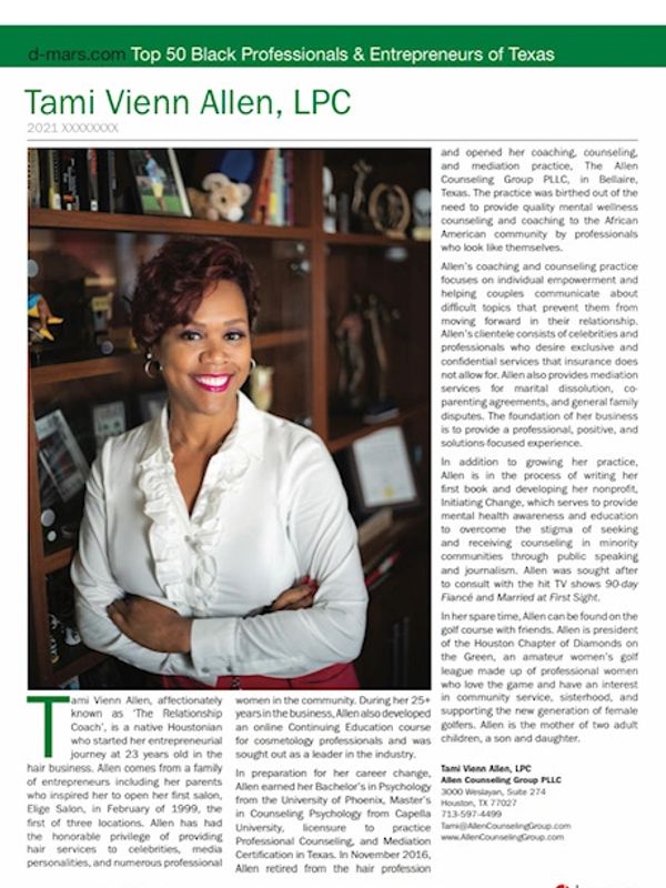 Portrait of Tami Vienn Allen, LPC, a professional counselor and entrepreneur in Texas.