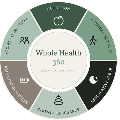Diagram showing six elements of whole health: nutrition, physical activity, restorative sleep, stress & resilience, reducing depleters, social connection.