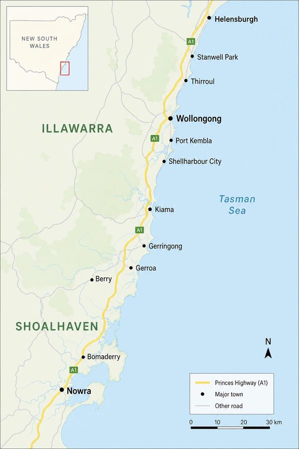 Map of towns along the Princes Highway (A1) in New South Wales, Australia.