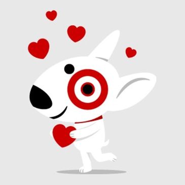 Cute white dog holding a heart with red hearts floating around.
