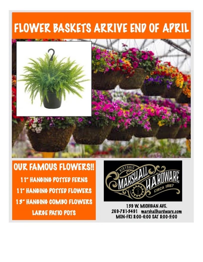 Flower baskets arriving end of April at Marshall Hardware with various hanging plants and patio pots.
