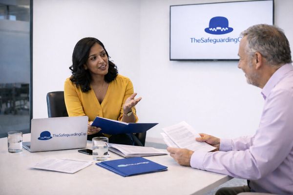 Two professionals discussing documents in a meeting room with TheSafeguardingCop branding.