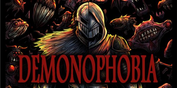 Dark knight surrounded by demons with 'DEMONOPHOBIA' text.