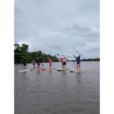 Group of people paddleboarding on a river with raised paddles.