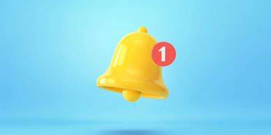 A yellow alert bell on a blue background with a red notification circle with the number one inside.