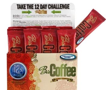 An open box of Bio Coffee showing the satchets inside.