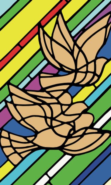 Stained glass art of two birds in flight with colorful striped background.