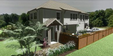 Two story coastal style, board and batten exterior, narrow lot, rear garage, open living 