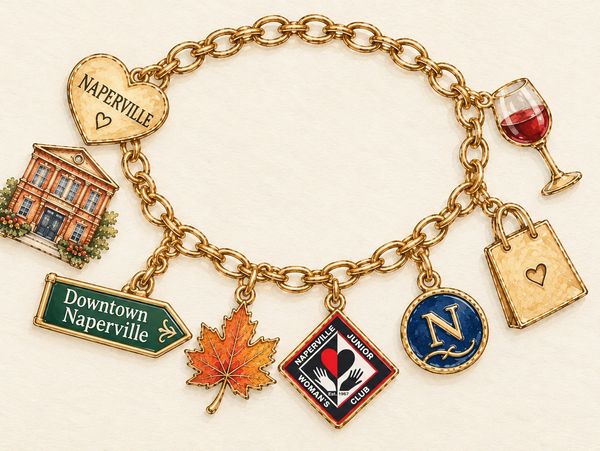 Gold charm bracelet with Naperville-themed charms.