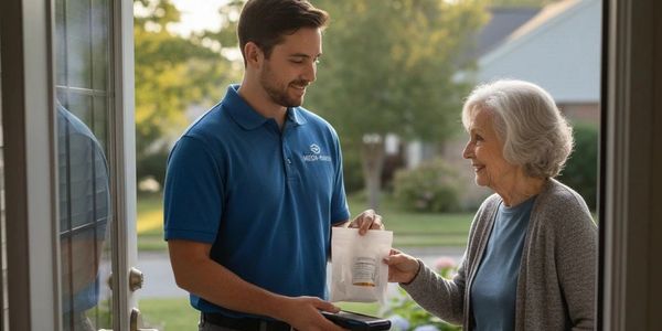 Delivery man hands prescription medication to elderly woman at her doorstep.