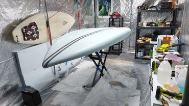 Carbon fiber stringer used for extra tensile strength on custom ORW paddleboard