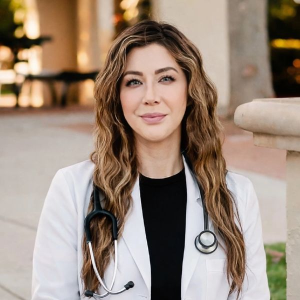 A confident female doctor with wavy hair wearing a white coat and stethoscope.