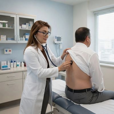 Doctor uses a stethoscope to examine a patient's back in a clinic.