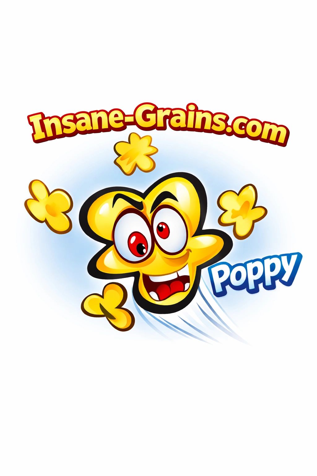 Cartoon popcorn character with red eyes and a big smile, labeled 'Poppy' from Insane-Grains.com.