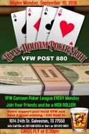 Texas Hold'em every Monday Night.
6:30 pm till midnight or later.