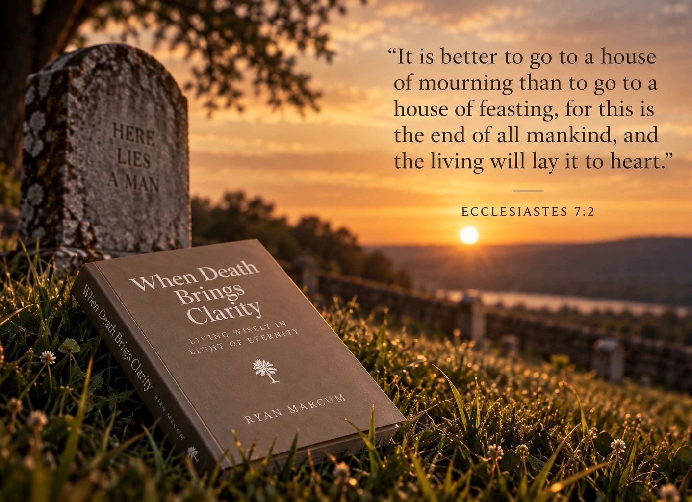 A book titled 'When Death Brings Clarity' by Ryan Marcum beside a gravestone at sunset.