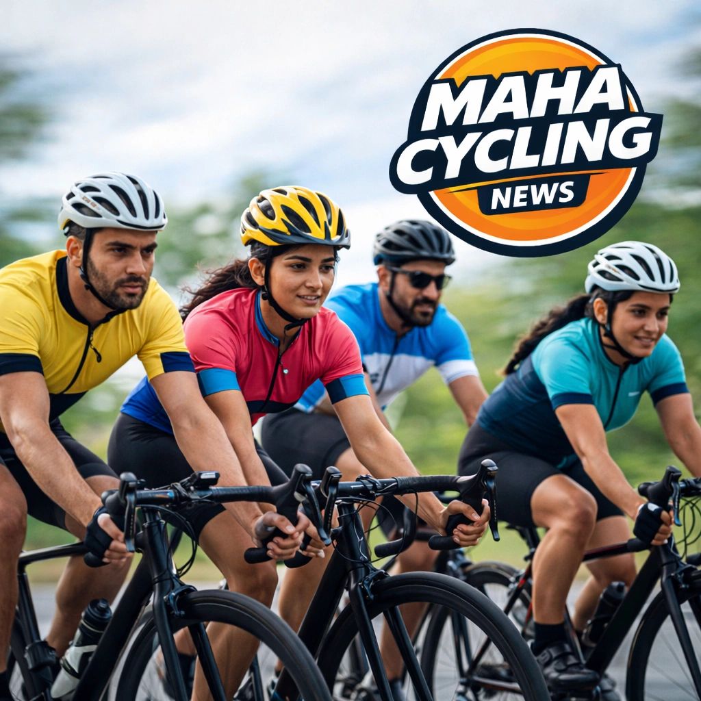 Four cyclists riding together in colorful jerseys with MAHA Cycling News logo above.