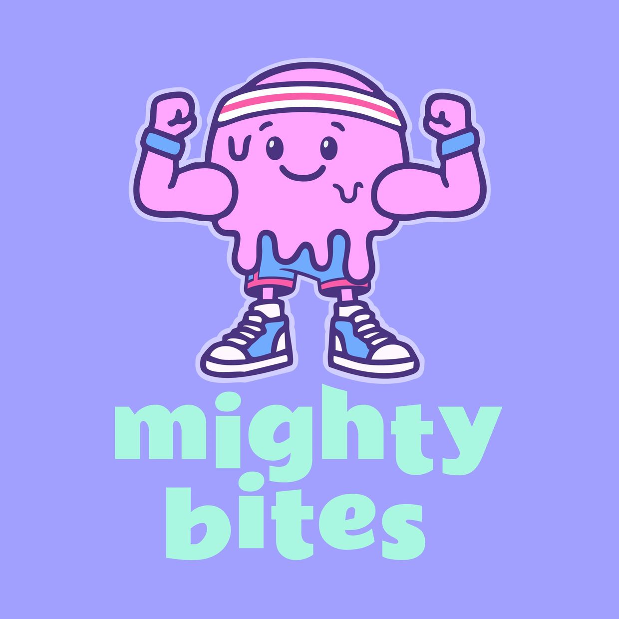 Cute muscular pink blob character flexing with the text 'mighty bites'.