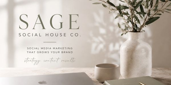 Minimalist workspace with branding for Sage Social House Co. focused on social media marketing.