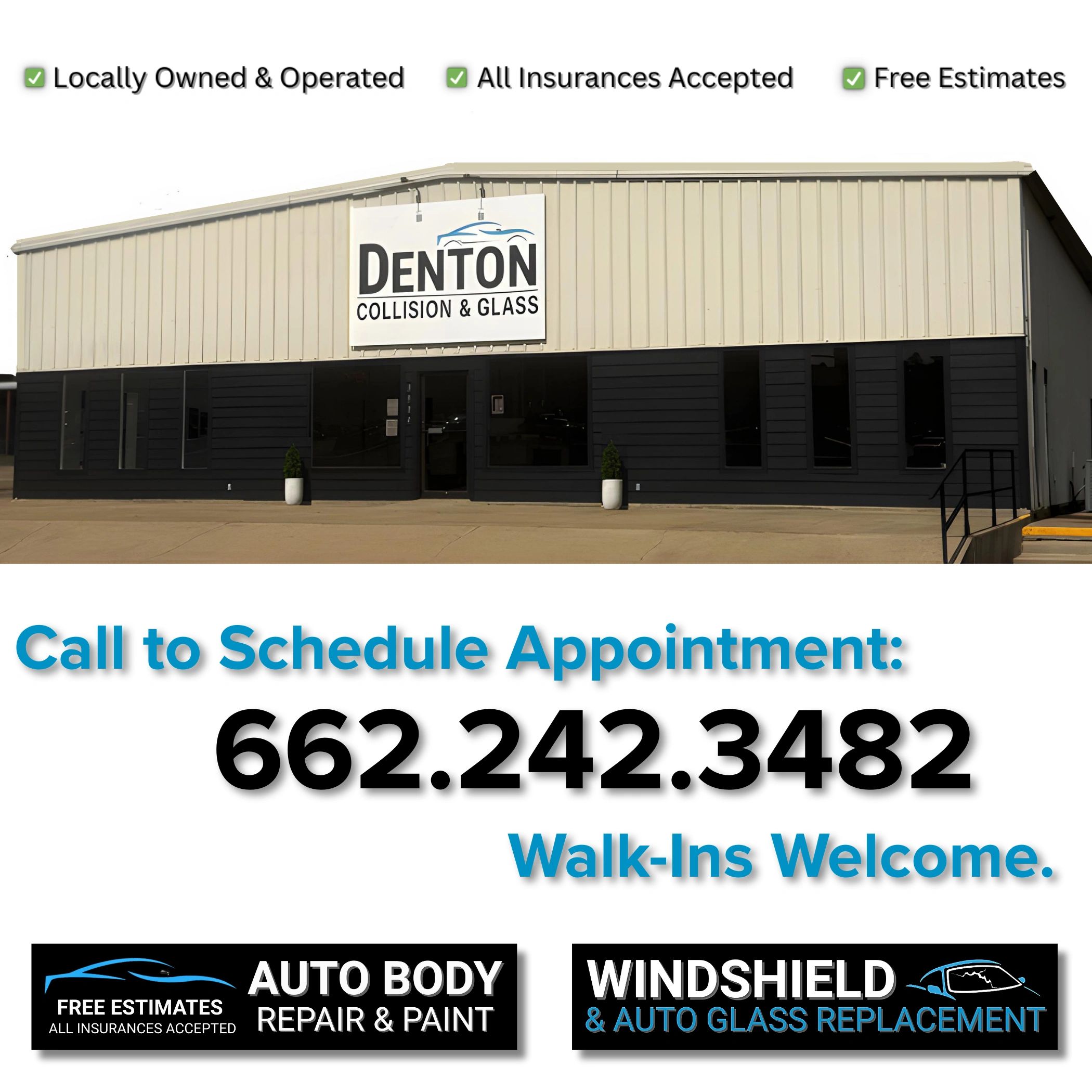 Denton Collision & Glass offers auto body repair, paint, and windshield replacement with free estimates and insurance acceptance.