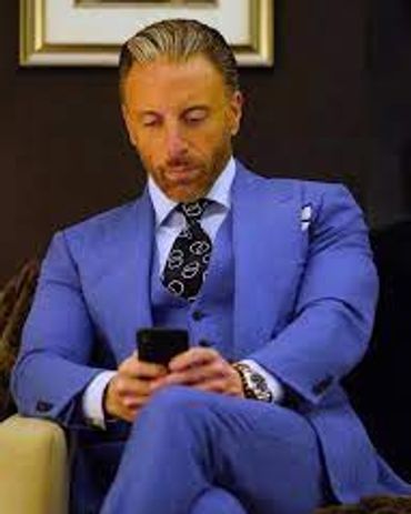 custom tailored men's blue 3 piece suit with vest with light blue check dress shirt blue hankie