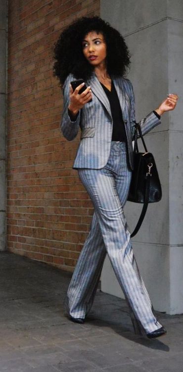 Woman's grey pinstriped suit black custom made dress shirt for woman