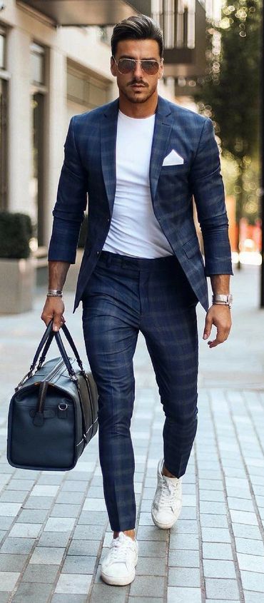 Blue widow Pane suit white shirt white hankie sunglasses