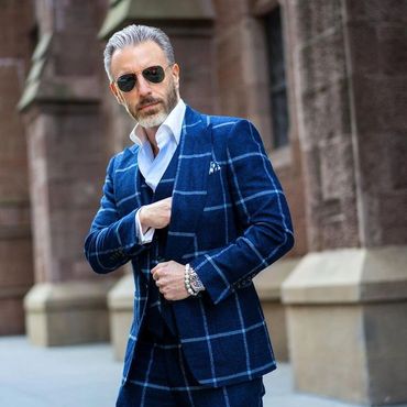 Men's custom made navy blue window Payne suit with vest custom made light blue dress shirt